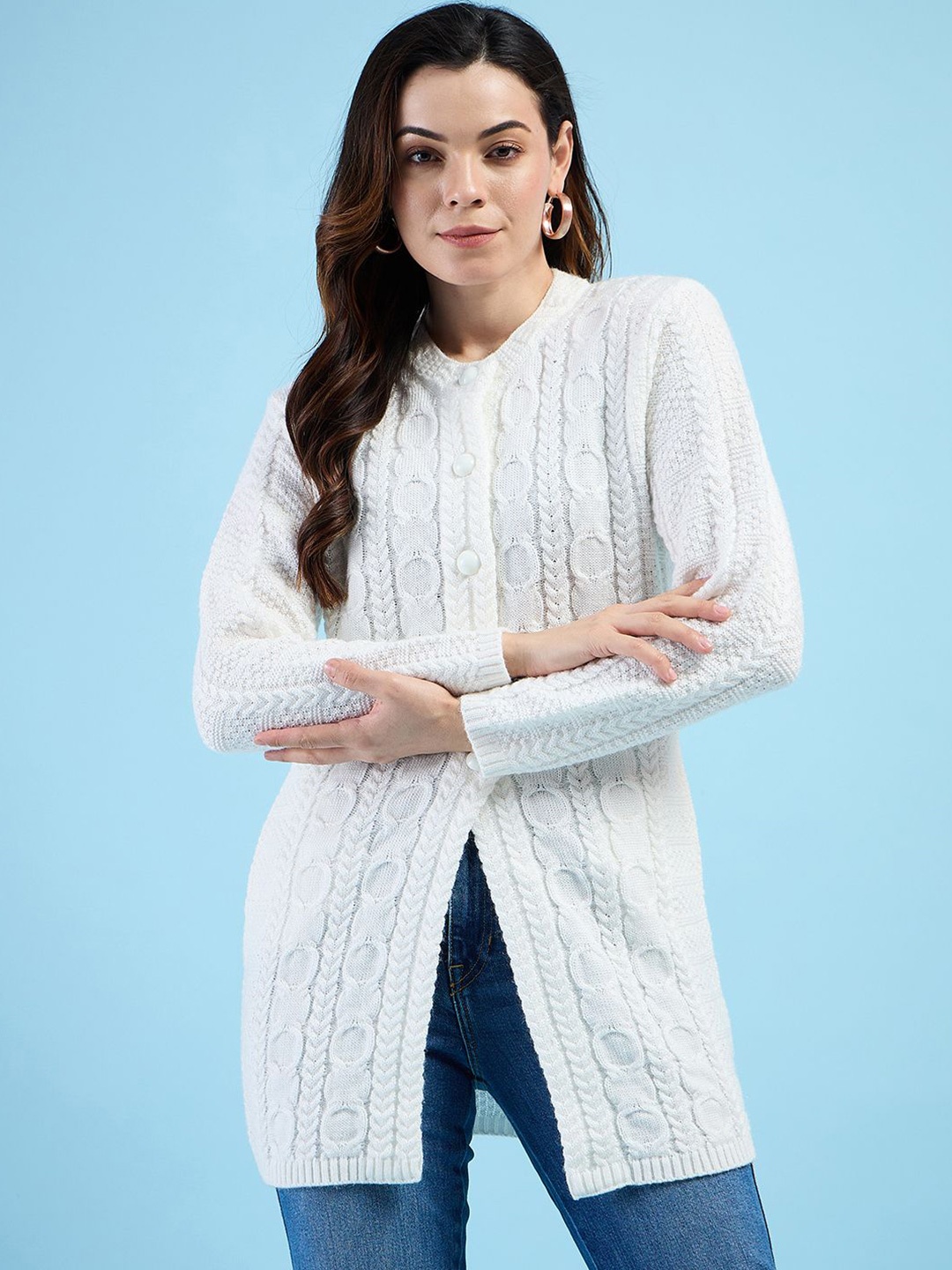 

CLAPTON Women Woollen Longline Cardigan Sweaters, White