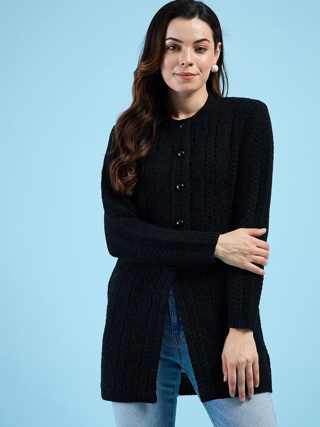 

CLAPTON Women Woollen Longline Pullover Sweaters, Black