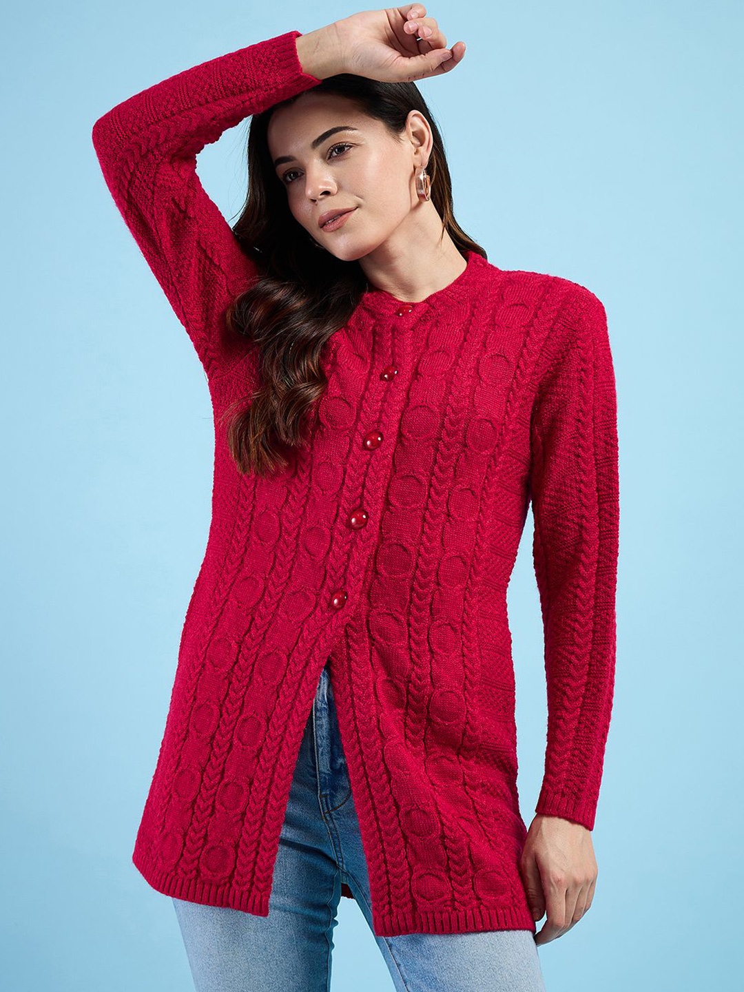 

CLAPTON Women Cable Knit Woollen Longline Cardigan Sweaters, Red