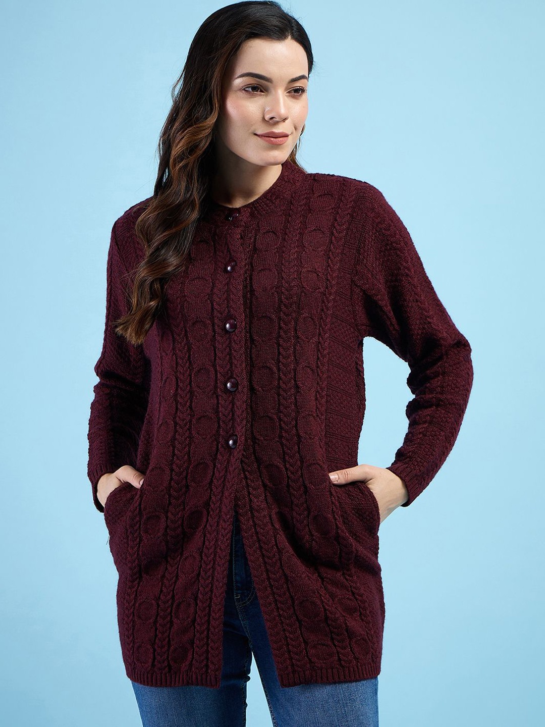 

CLAPTON Women Woollen Longline Cardigan Sweaters, Maroon