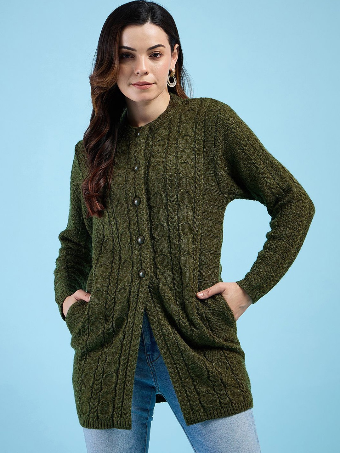 

CLAPTON Women Cable Knit Woollen Longline Cardigan Sweaters, Green
