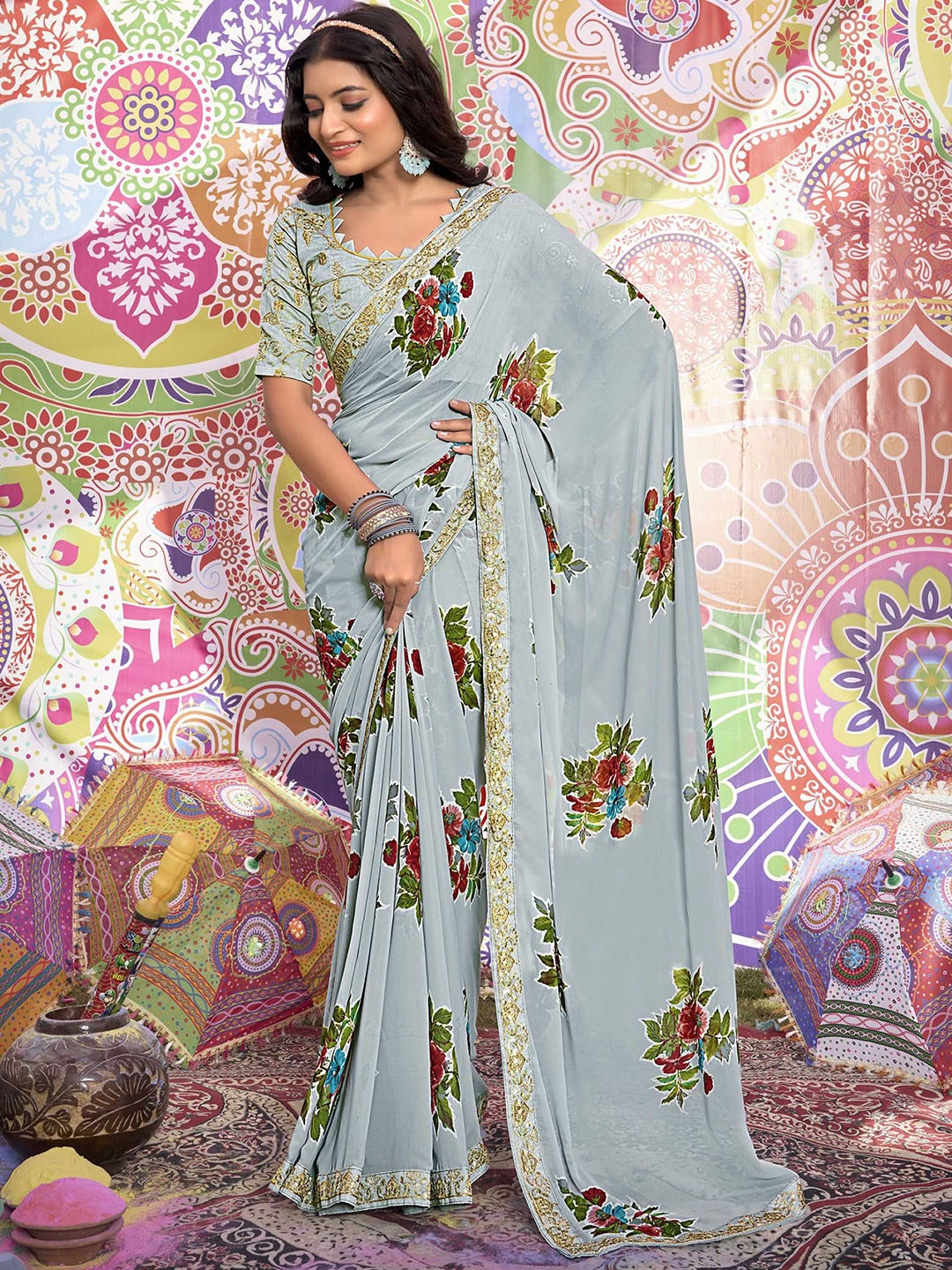 

Panzora Floral Embroidered Saree, Turquoise blue