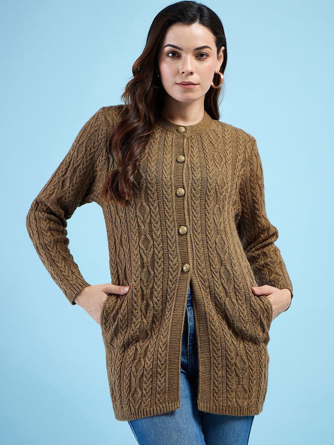 

CLAPTON Women Woollen Longline Cardigan Sweaters, Brown