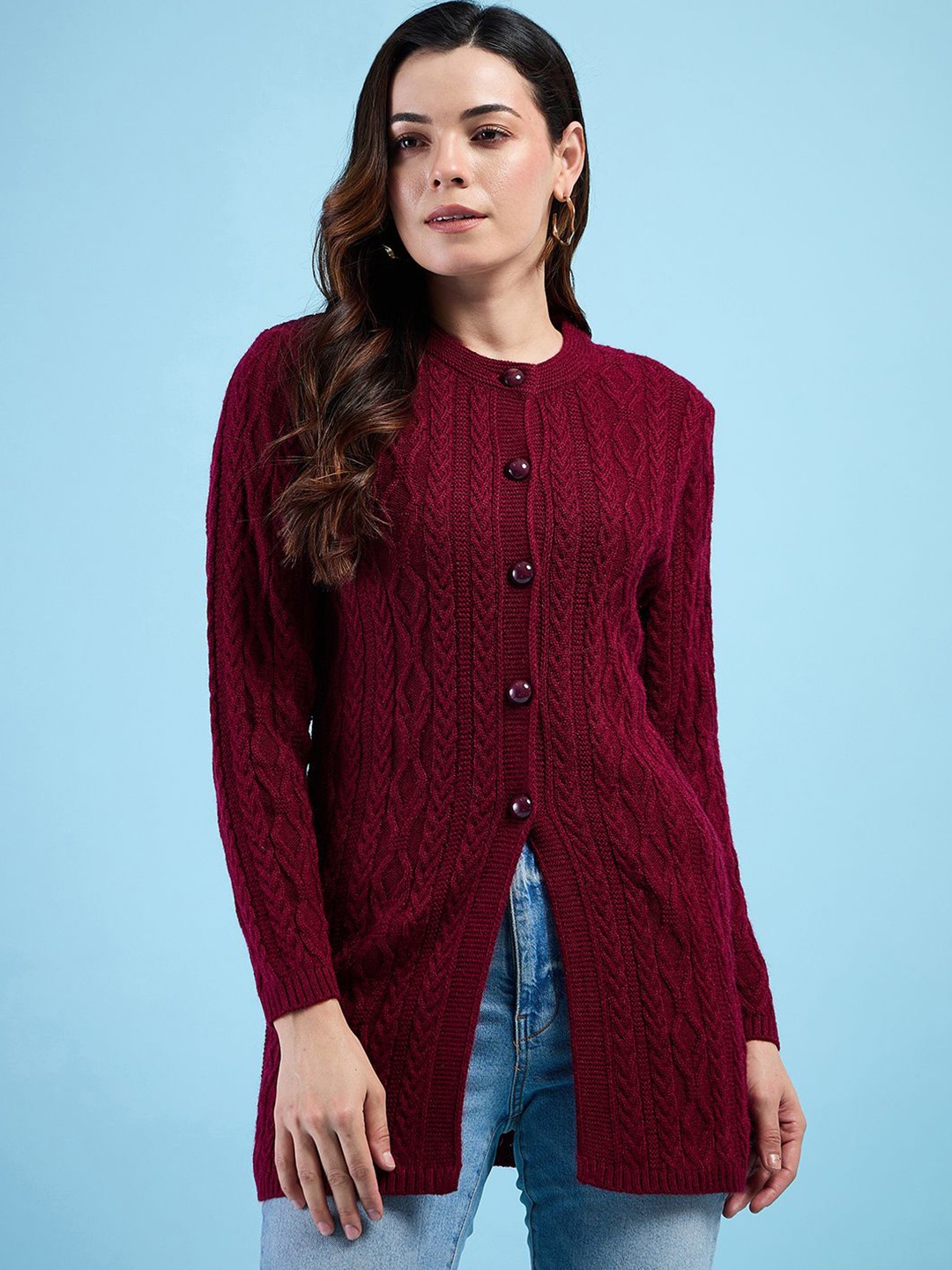 

CLAPTON Women Cable Knit Woollen Longline Cardigan, Maroon