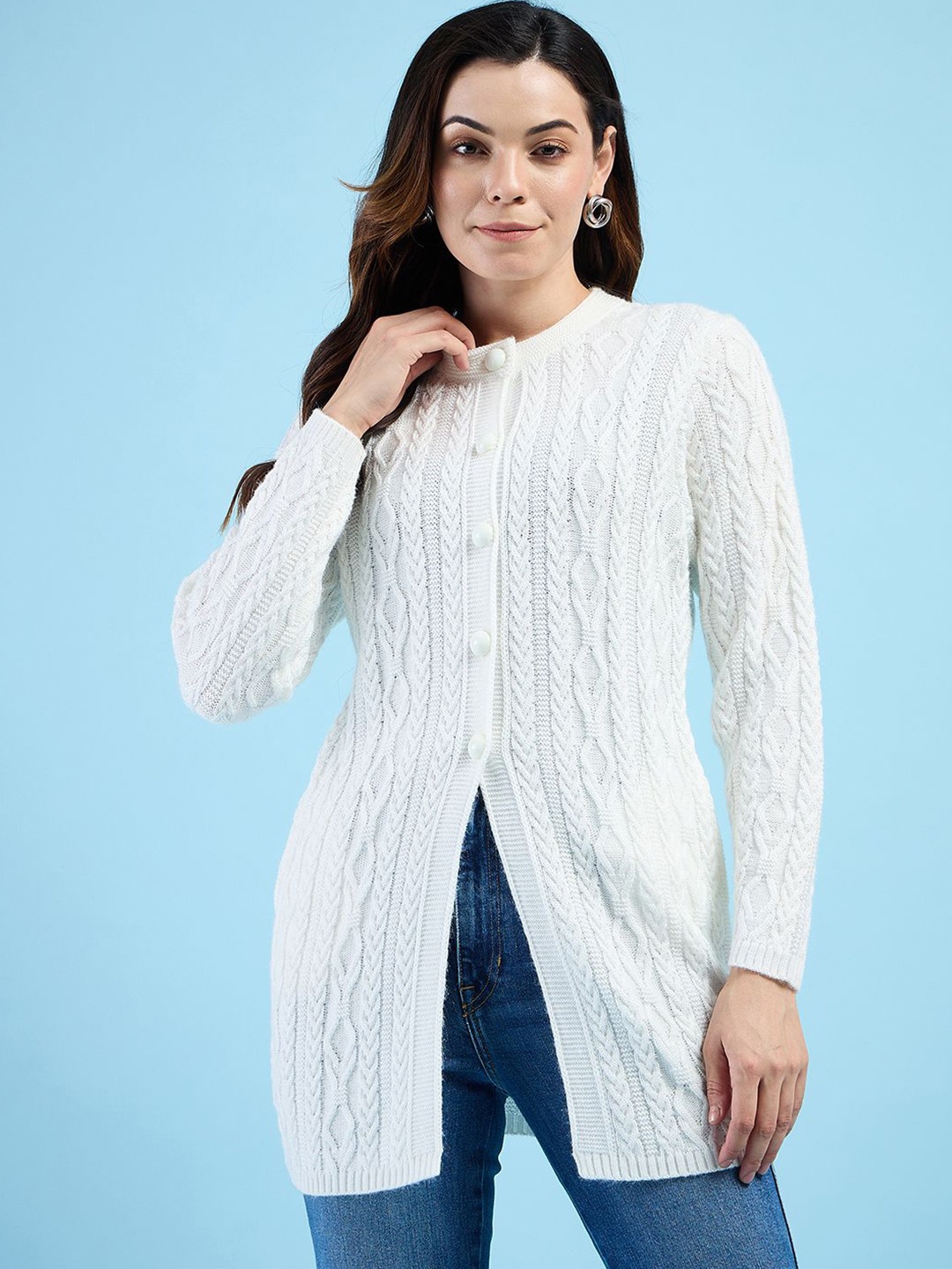 

CLAPTON Women Woollen Longline Cardigan Sweaters, White