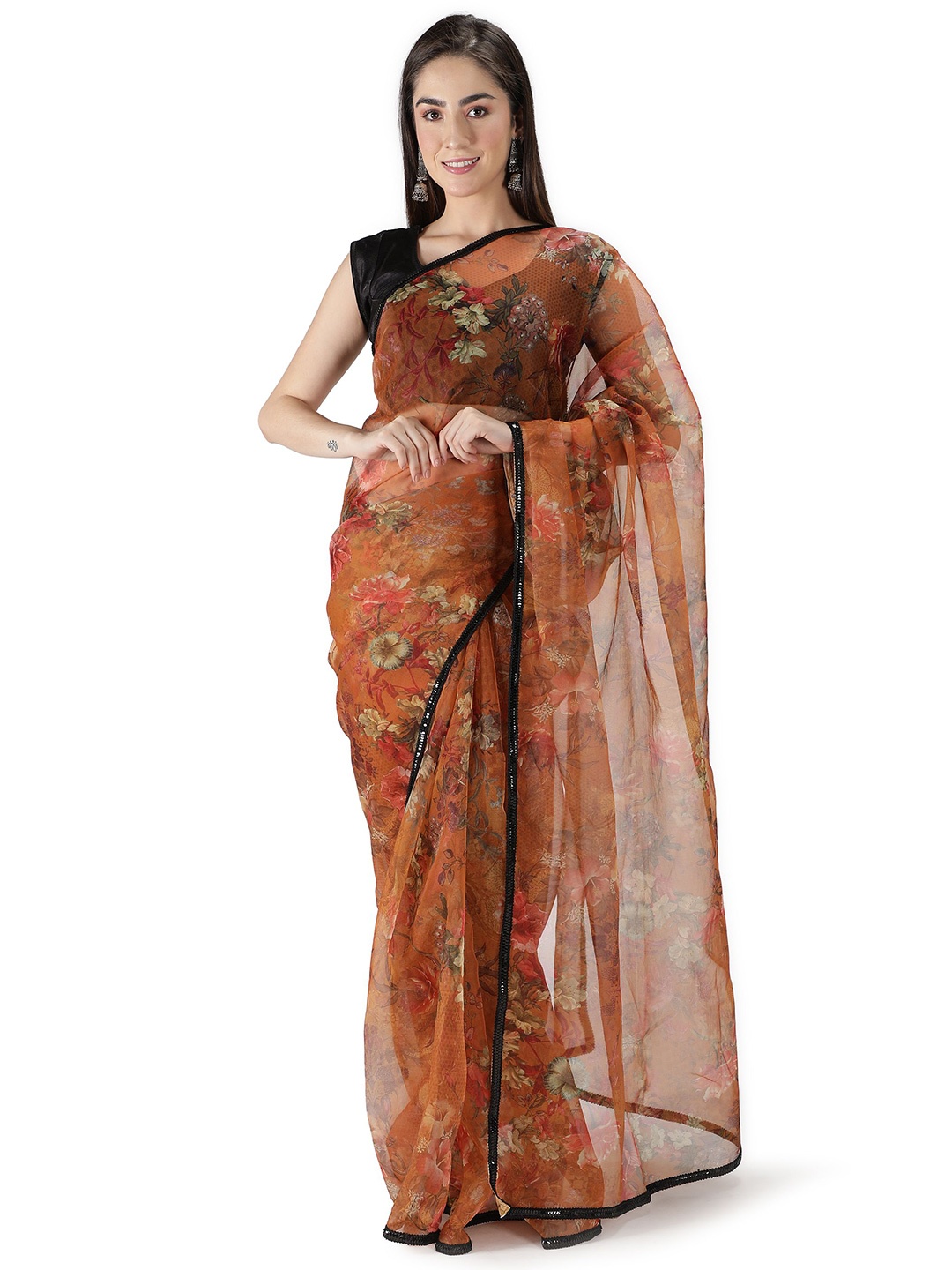 Sarisp Patchwork Organza Floral Saree, Orange