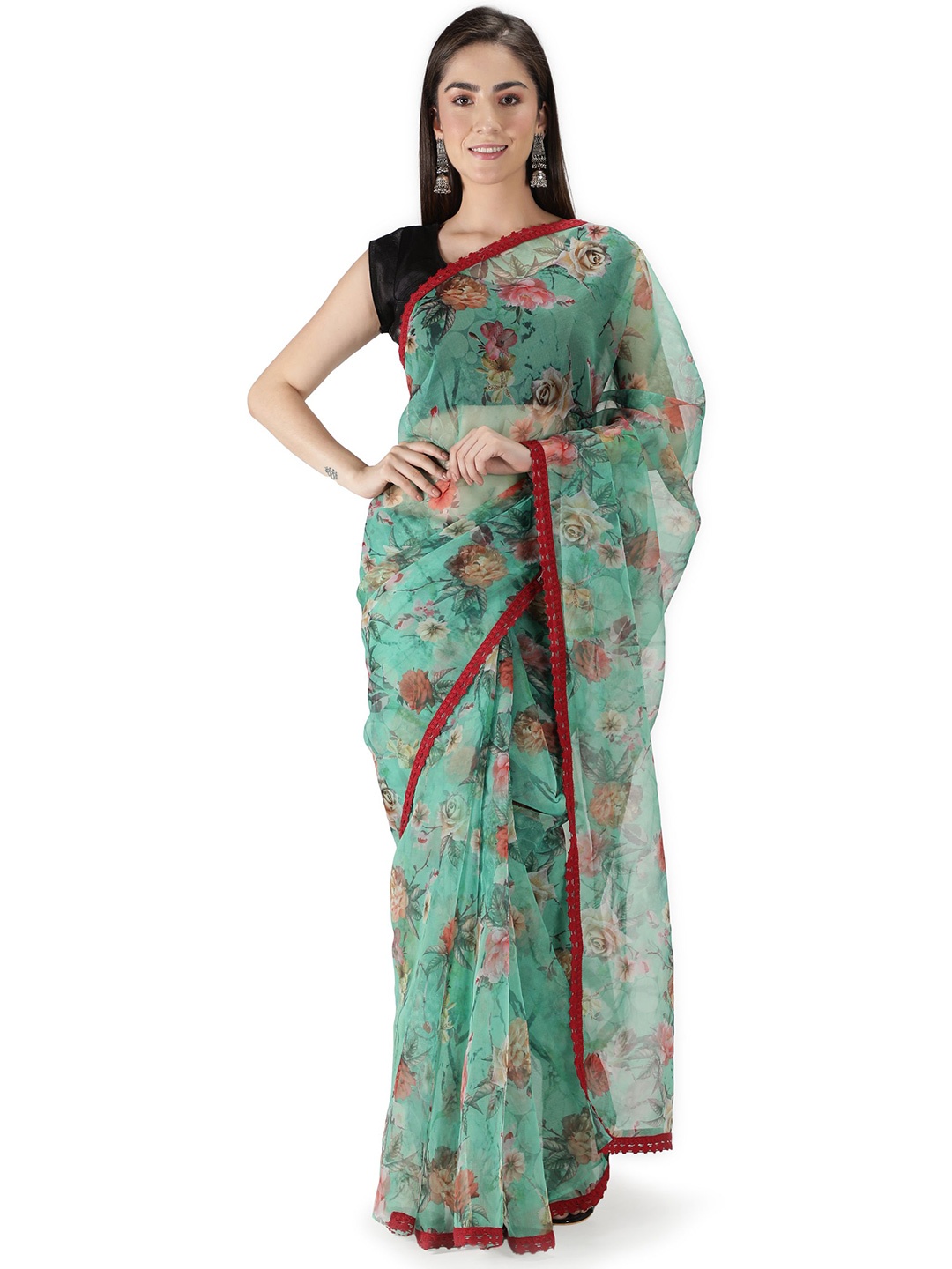 

Sarisp Patchwork Floral Organza Saree, Sea green