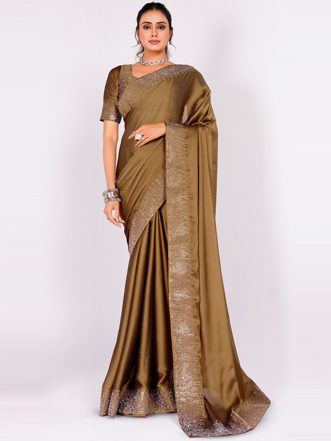 

Panzora Solid Embellished Beads and Stones Saree, Brown