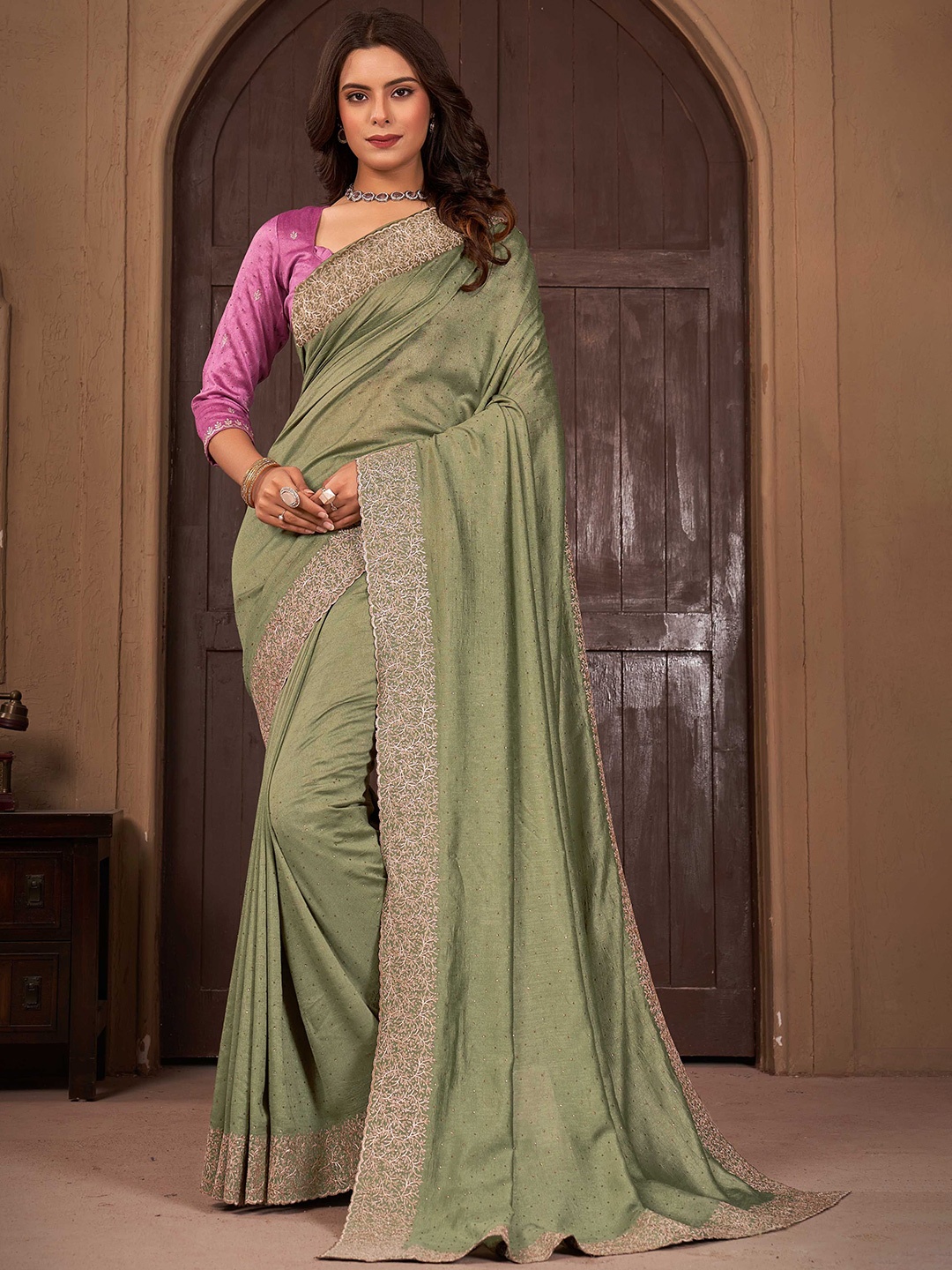 

Panzora Beads and Stones Embellished Embroidered Saree, Green