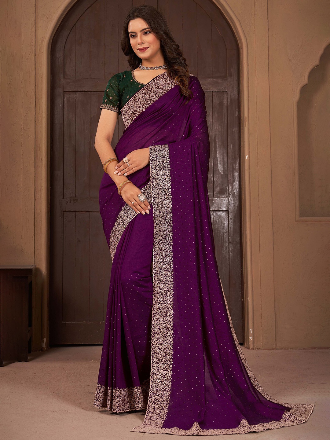 

Panzora Embroidered Solid Printed Saree, Purple