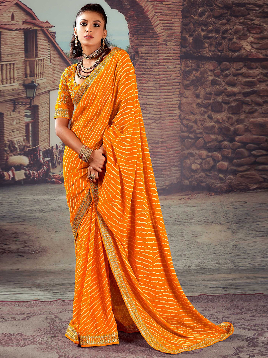 

Panzora Embroidered Leheriya Saree, Orange