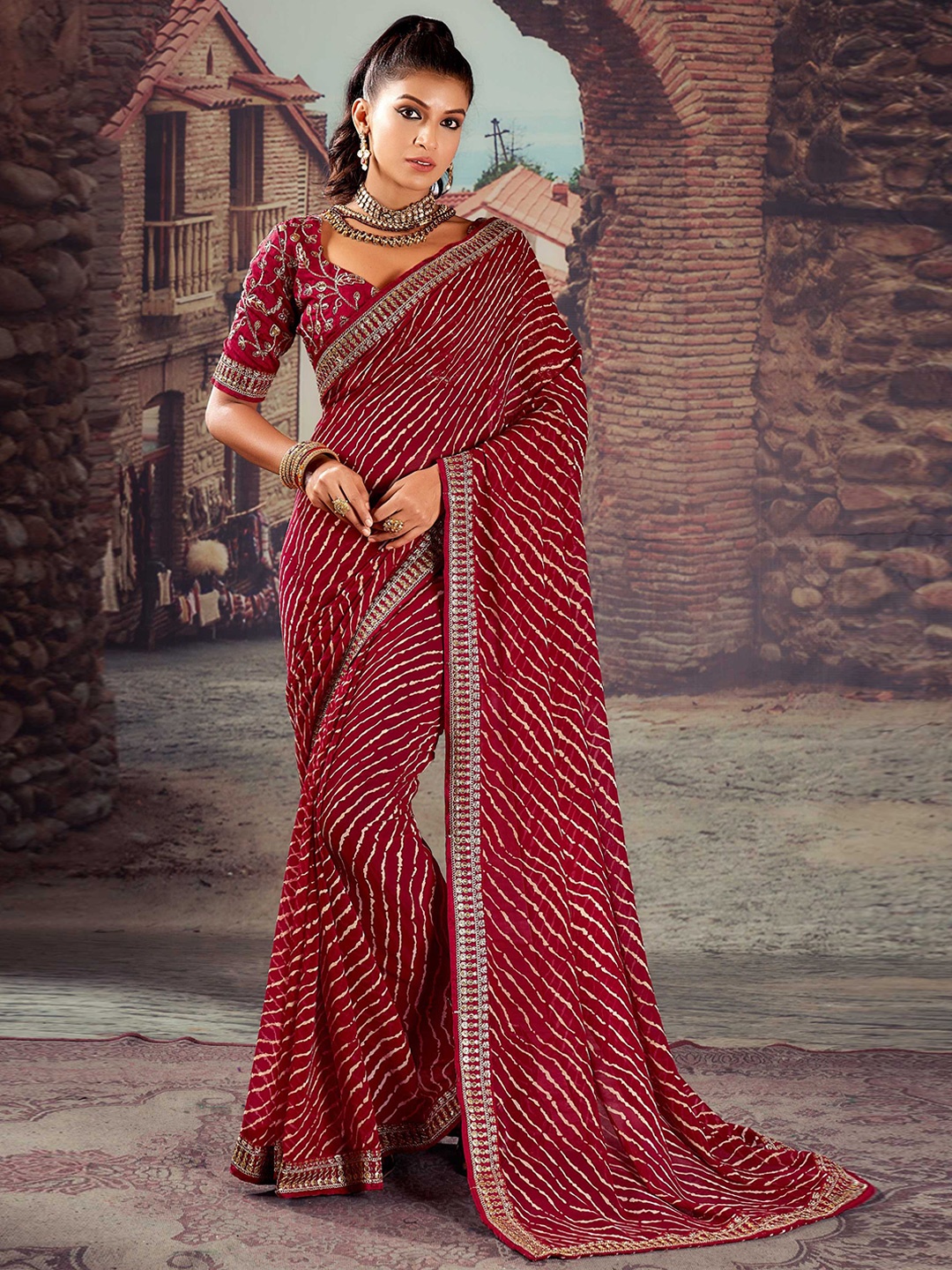 

Panzora Printed Embroidered Leheriya Saree, Maroon