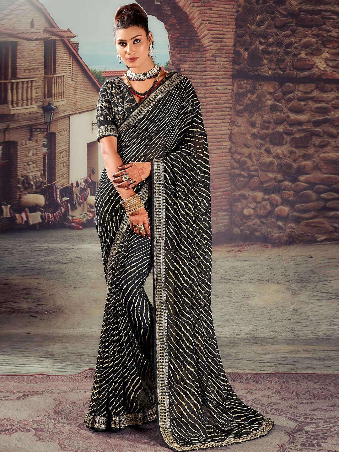 

Panzora Leheriya Embroidered Leheriya Saree, Black