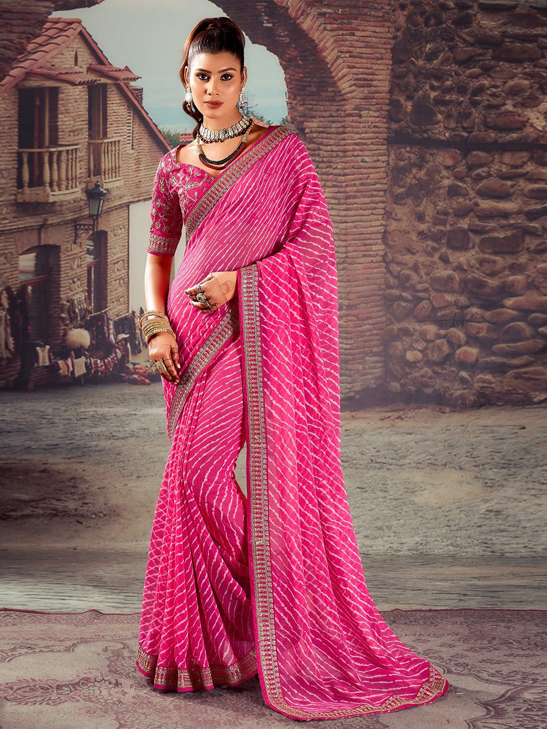 

Panzora Striped Embroidered Leheriya Saree, Pink
