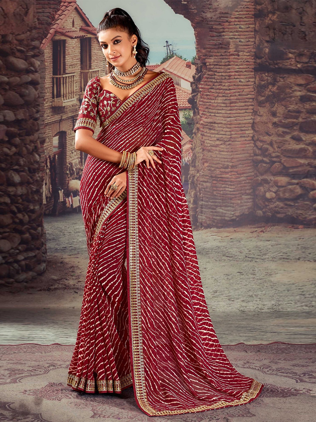 

Panzora Leheriya Embroidered Leheriya Saree, Maroon