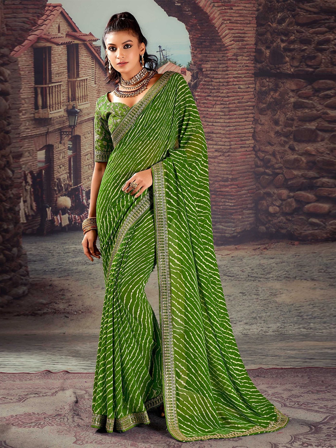 

Panzora Embroidered Leheriya Saree, Green