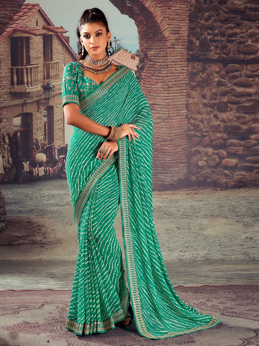 

Panzora Embroidered Leheriya Saree, Green