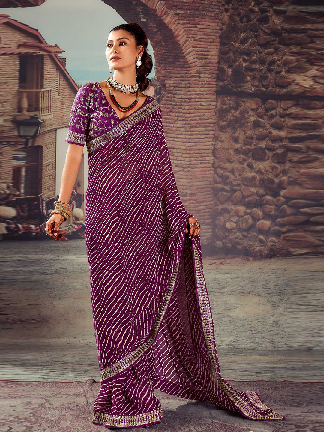 

Panzora Embroidered Leheriya Saree, Purple