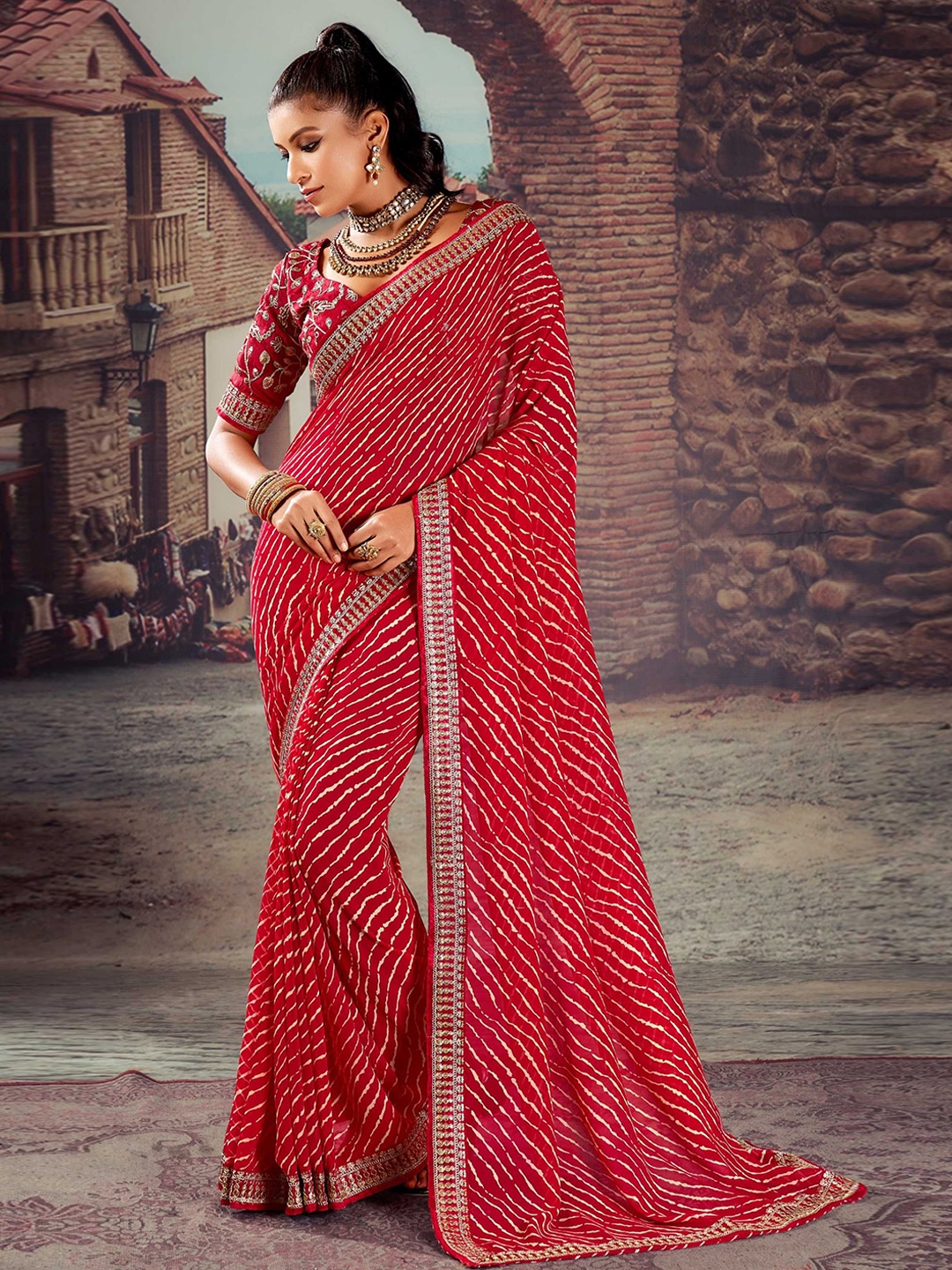 

Panzora Embroidered Leheriya Saree, Red