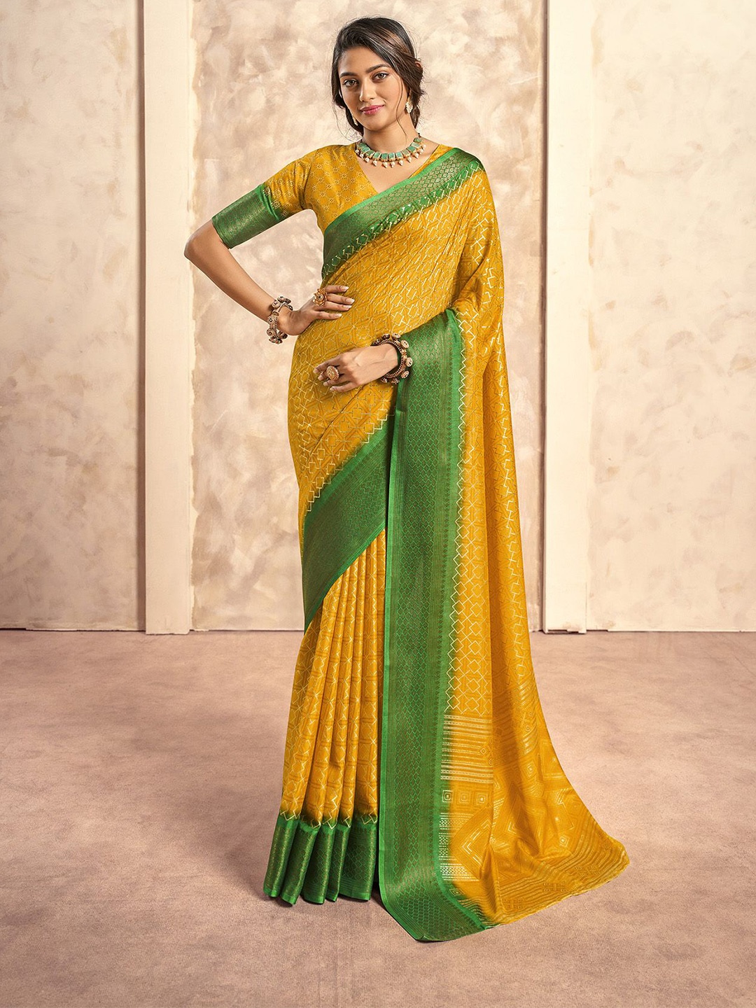 

elora Ethnic Motifs Printed Zari Saree, Yellow