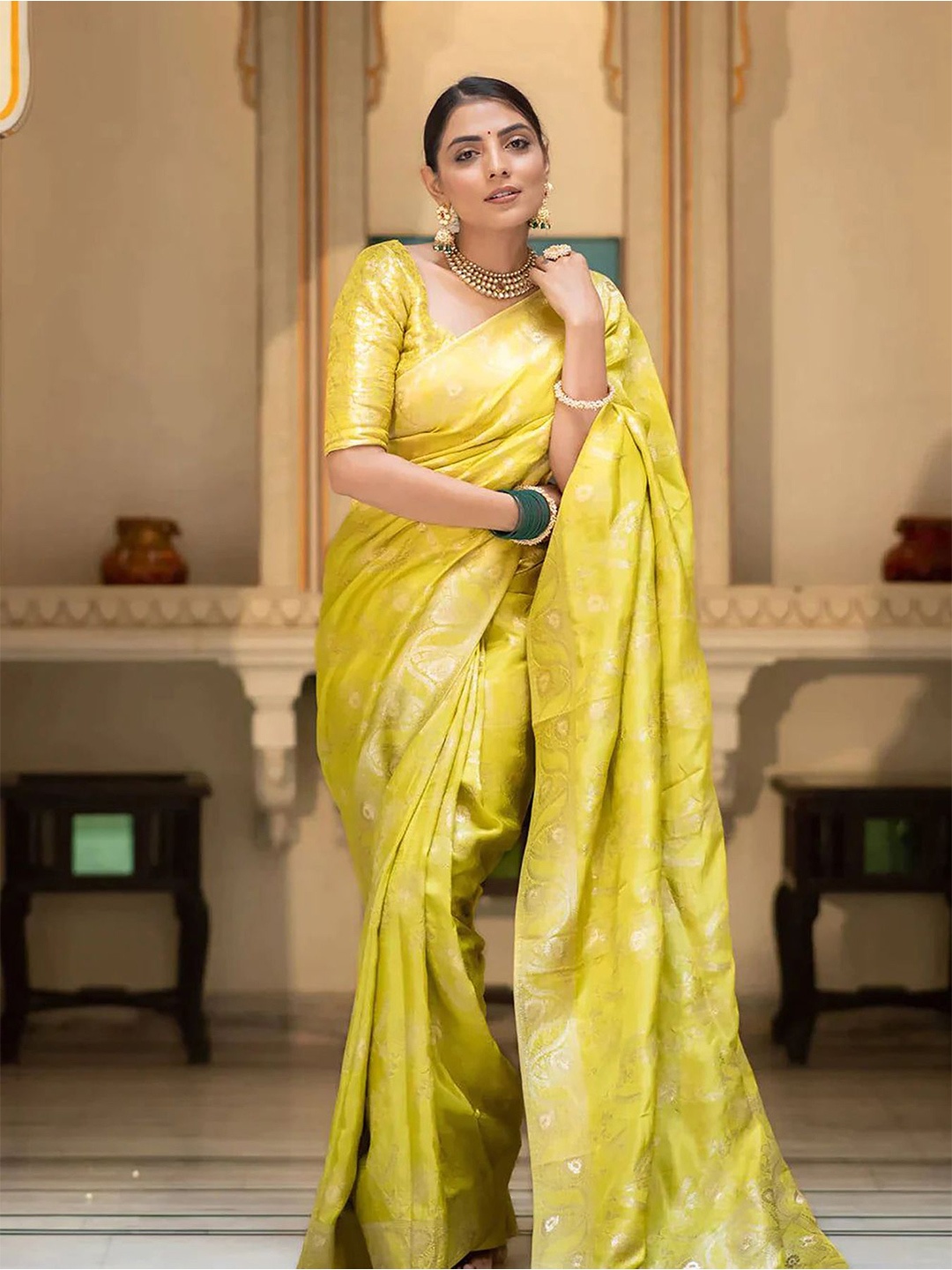 

Anjaneya Sarees Ethnic Motifs Zari Banarasi Saree, Yellow