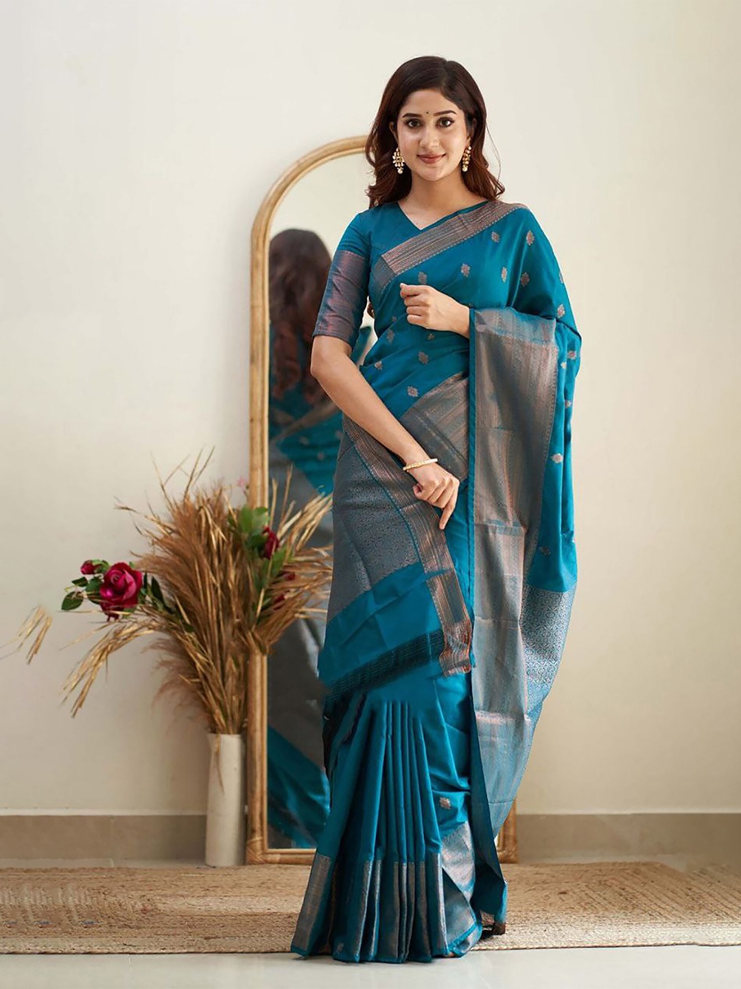 

Anjaneya Sarees Woven Design Zari Banarasi Saree, Teal