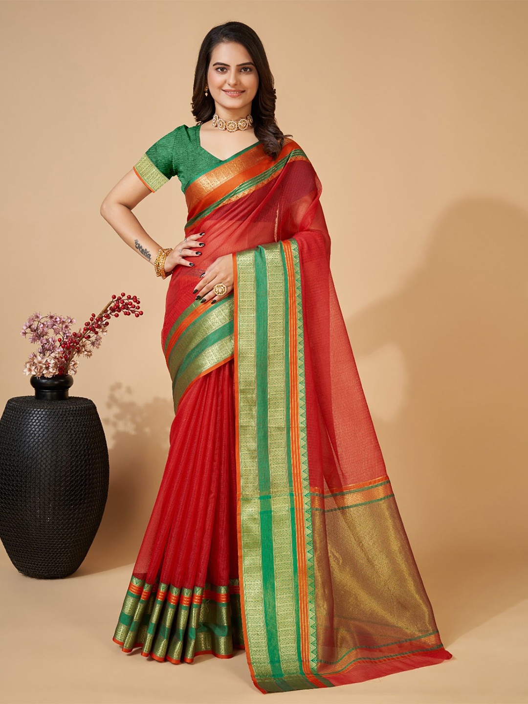 

Anjaneya Sarees Woven Design Border Zari Banarasi Saree, Red