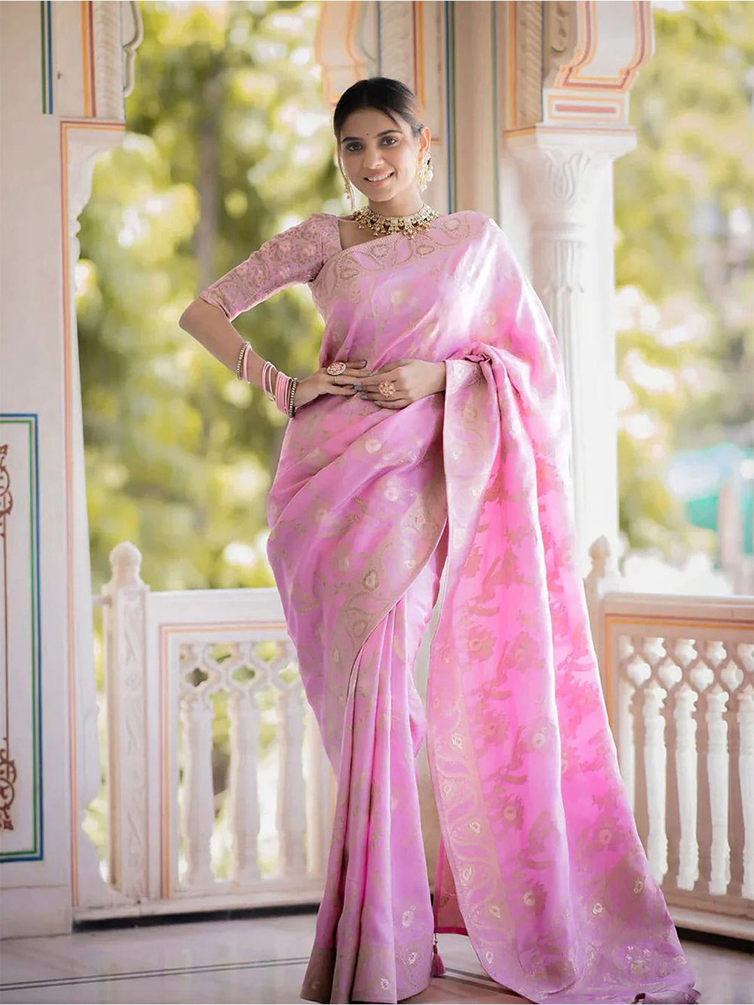 

Anjaneya Sarees Ethnic Motifs Woven Design Zari Banarasi Saree, Pink