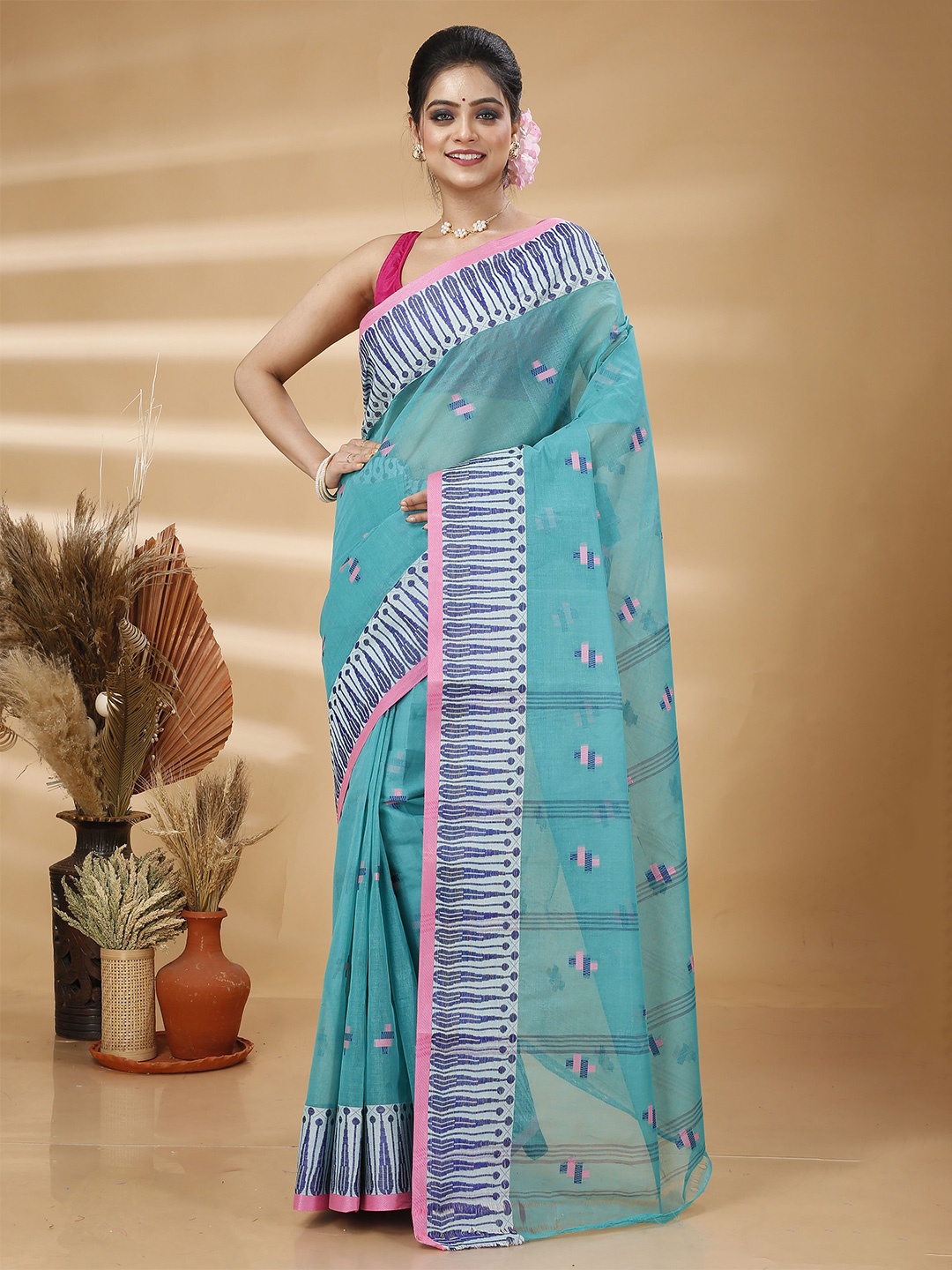 

Ruuprekha Woven Design Zari Pure Cotton Taant Saree, Blue