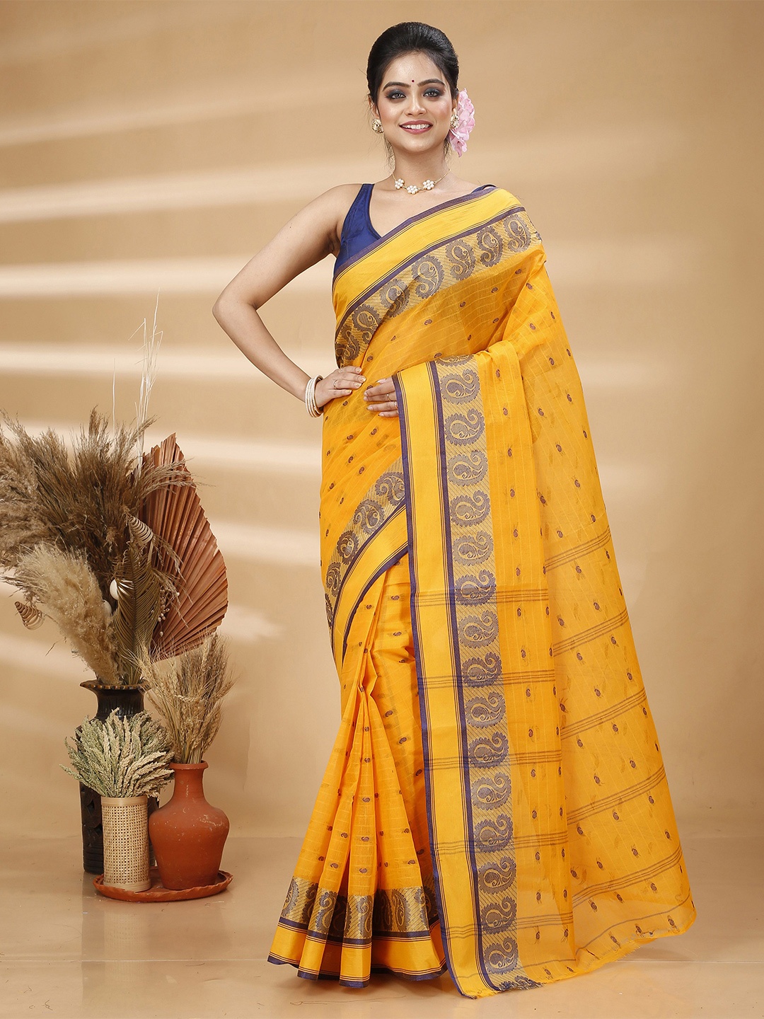 

Ruuprekha Woven Design Pure Cotton Taant Saree, Mustard