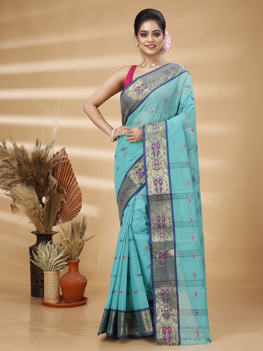 

Ruuprekha Woven Design Zari Pure Cotton Taant Saree, Blue