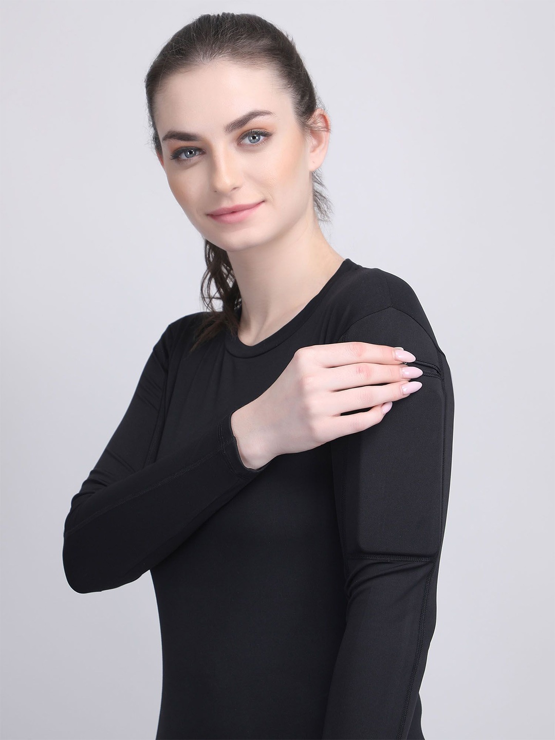 

Raxedo Women Solid Round Neck Pocket Compression T-shirt, Black