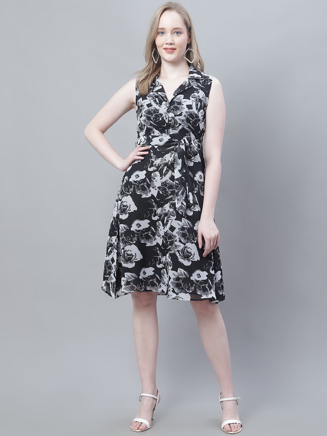 

MINI & MING Floral Print Georgette Fit & Flare Dress, Black