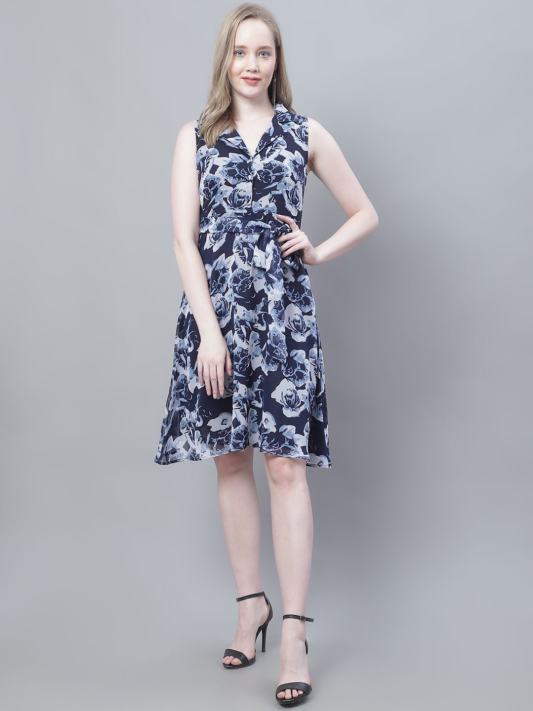 

MINI & MING Women Floral Print Georgette Fit & Flare Dress, Navy blue