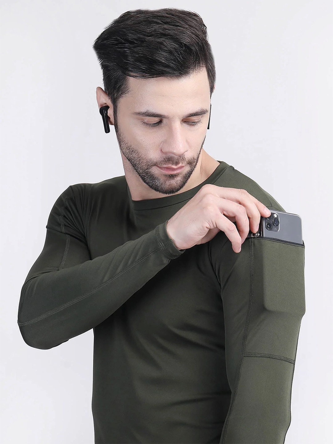 

Raxedo Men Solid Round Neck Pocket Compression T-shirt, Olive