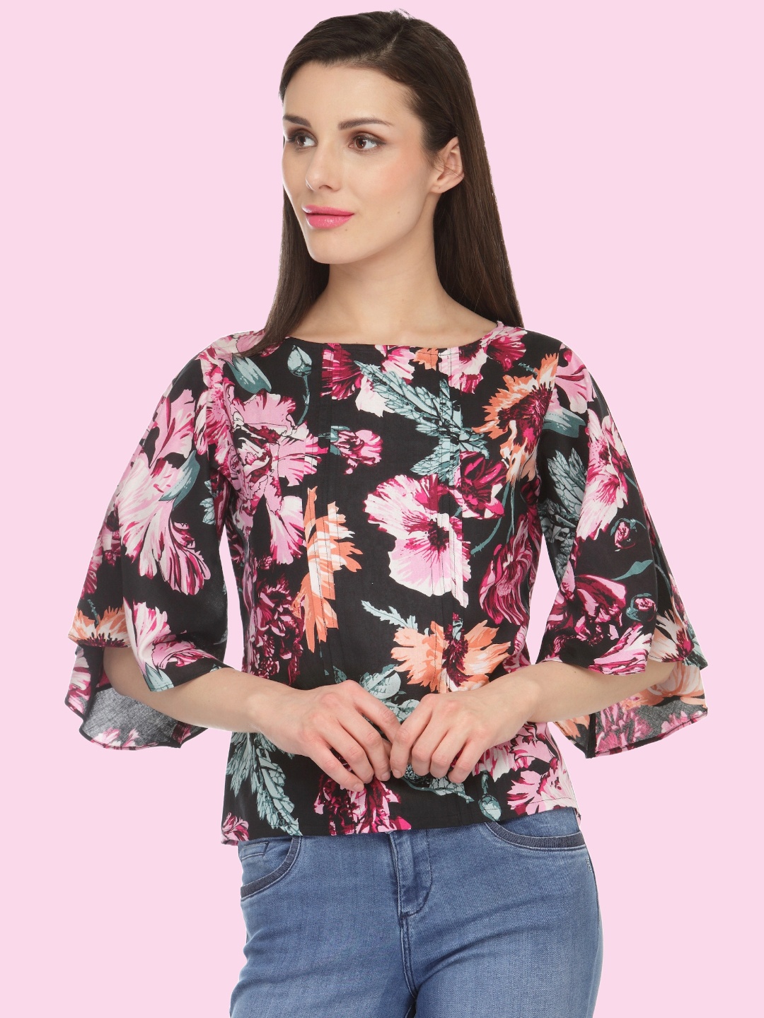 

BAESD Floral Printed Kimono Sleeve Regular Top, Black