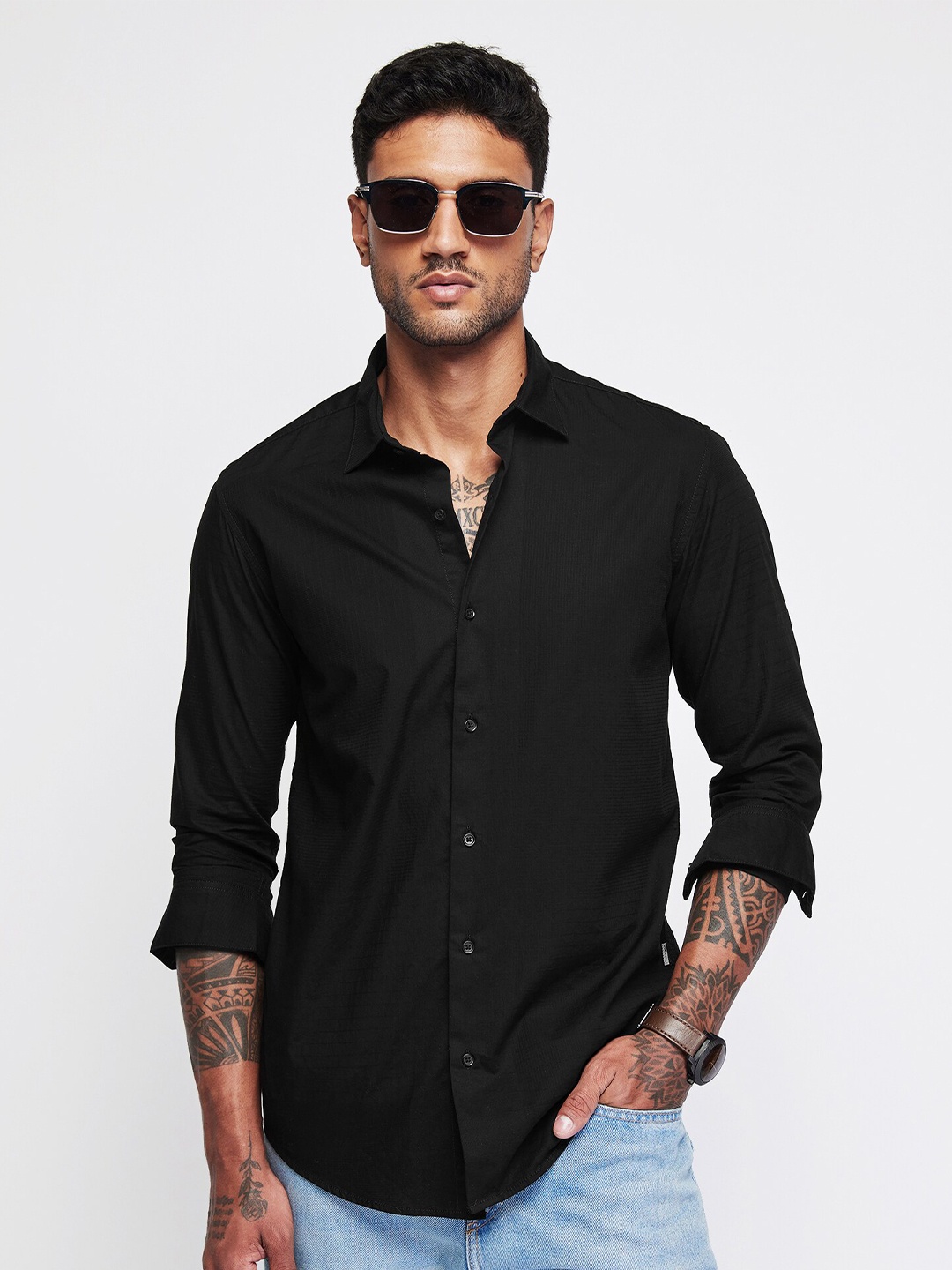 

Red Flame Men Slim Fit Spread Collar Casual Shirt, Black