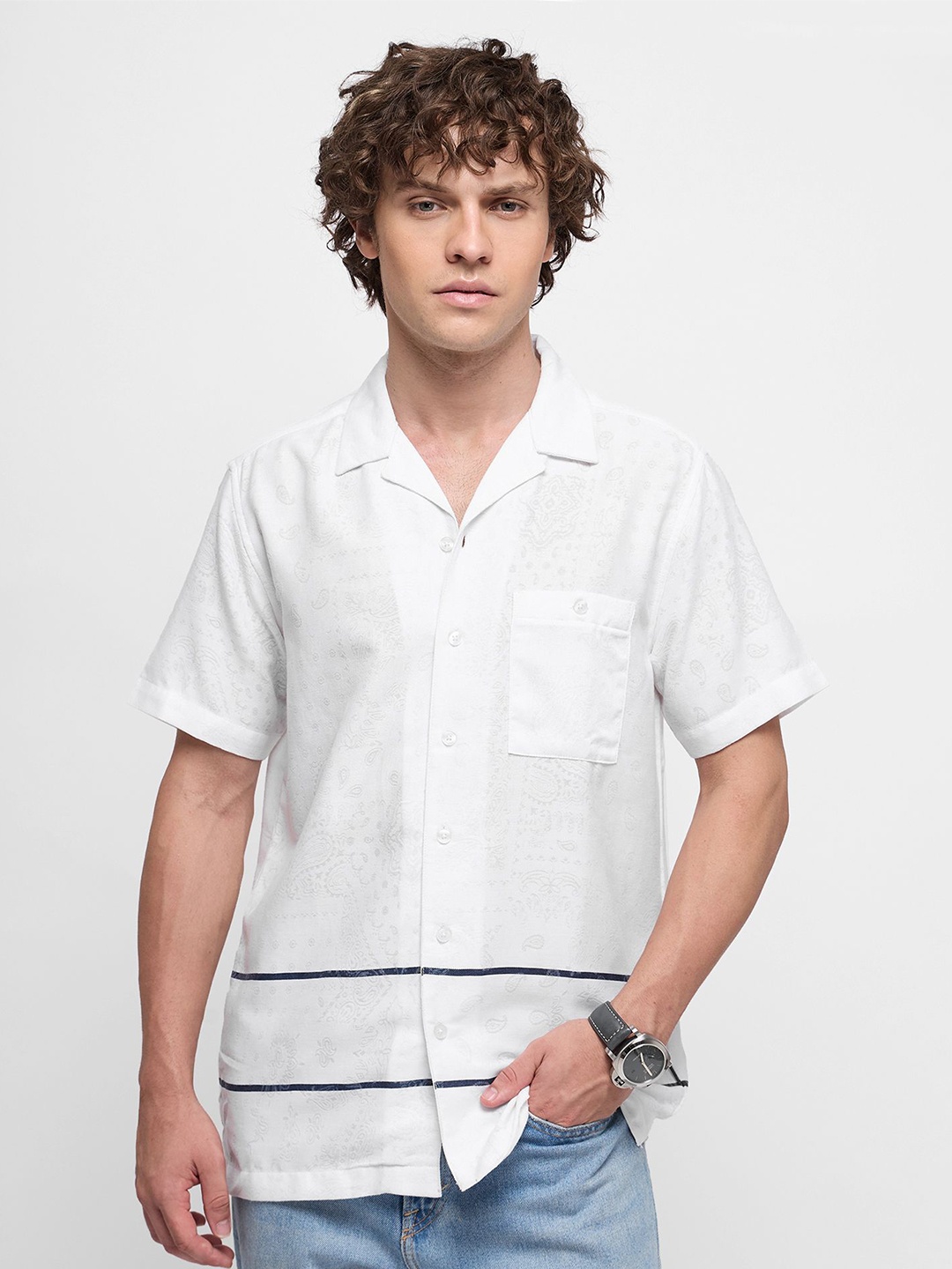 

Red Flame Men Slim Fit Solid Cuban Collar Casual Shirt, White