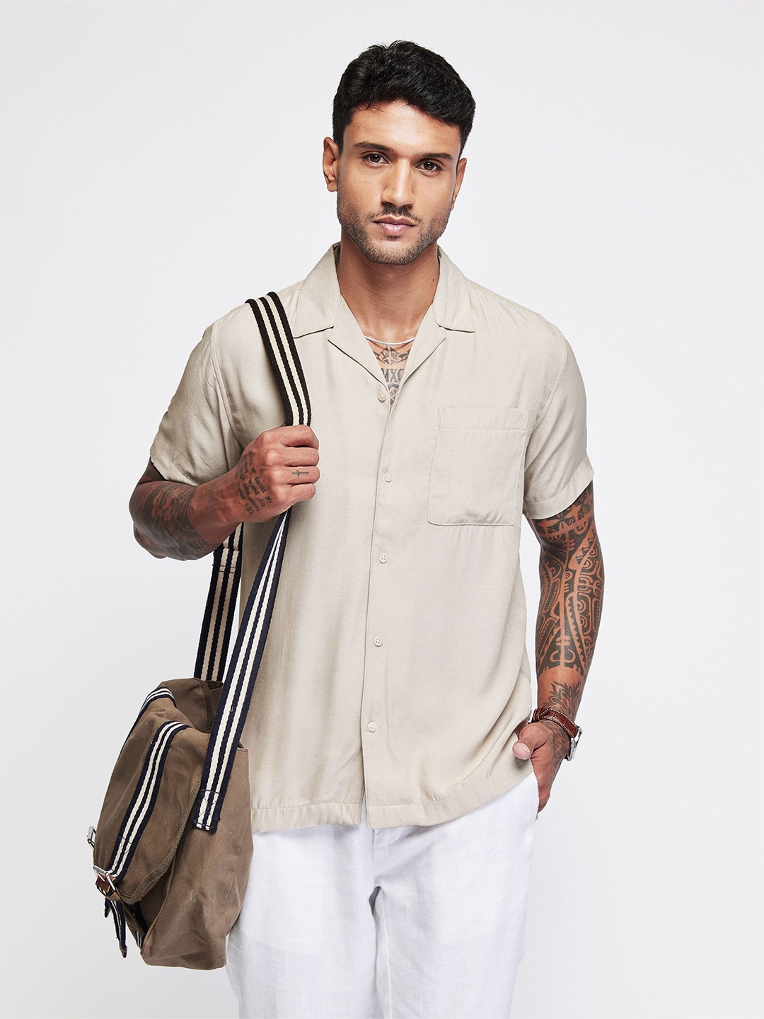 

Red Flame Men Slim Fit Solid Cuban Collar Casual Shirt, Khaki