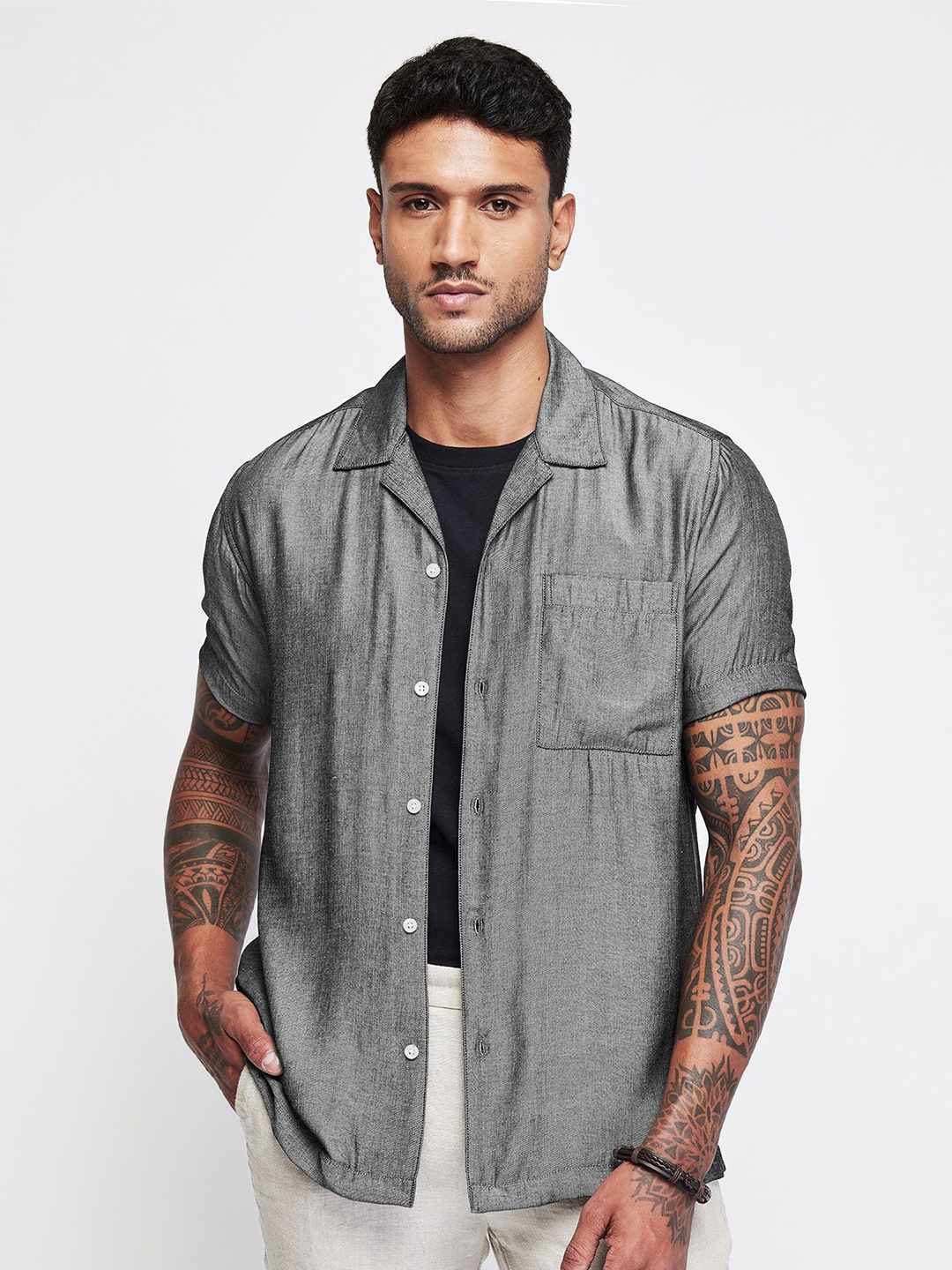 

Red Flame Men Slim Fit Solid Cuban Collar Casual Shirt, Grey