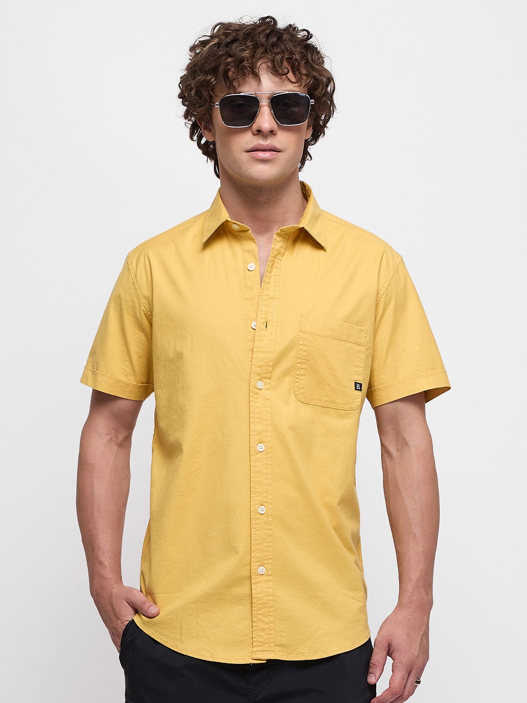 

Red Flame Men Solid Spread Collar Slim Fit Casual Shirt, Yellow