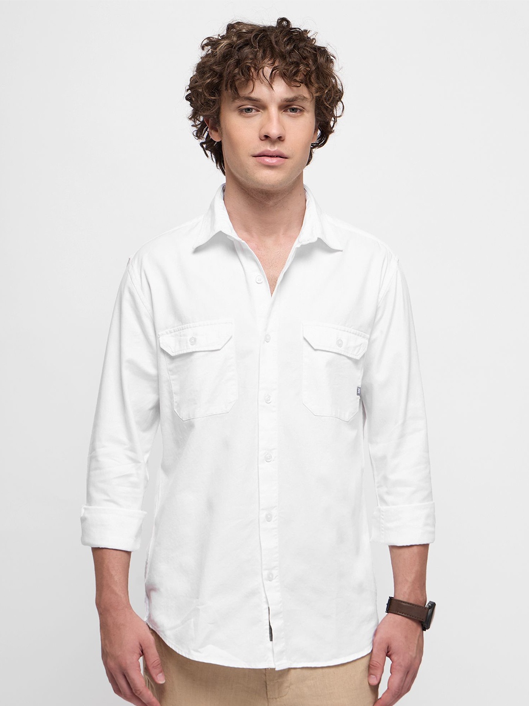 

Red Flame Men Solid Spread Collar Slim Fit Casual Pure Cotton Shirt, White
