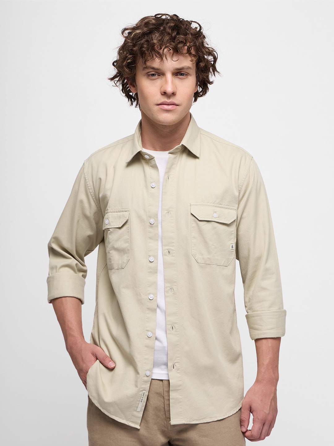 

Red Flame Men Slim Fit Solid Spread Collar Pure Cotton Casual Shirt, Khaki
