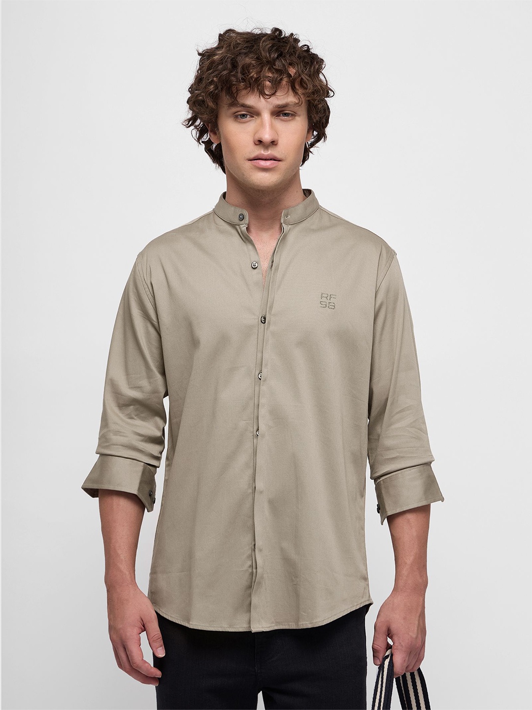

Red Flame Men Slim Fit Solid Mandarin Collar Casual Shirt, Khaki