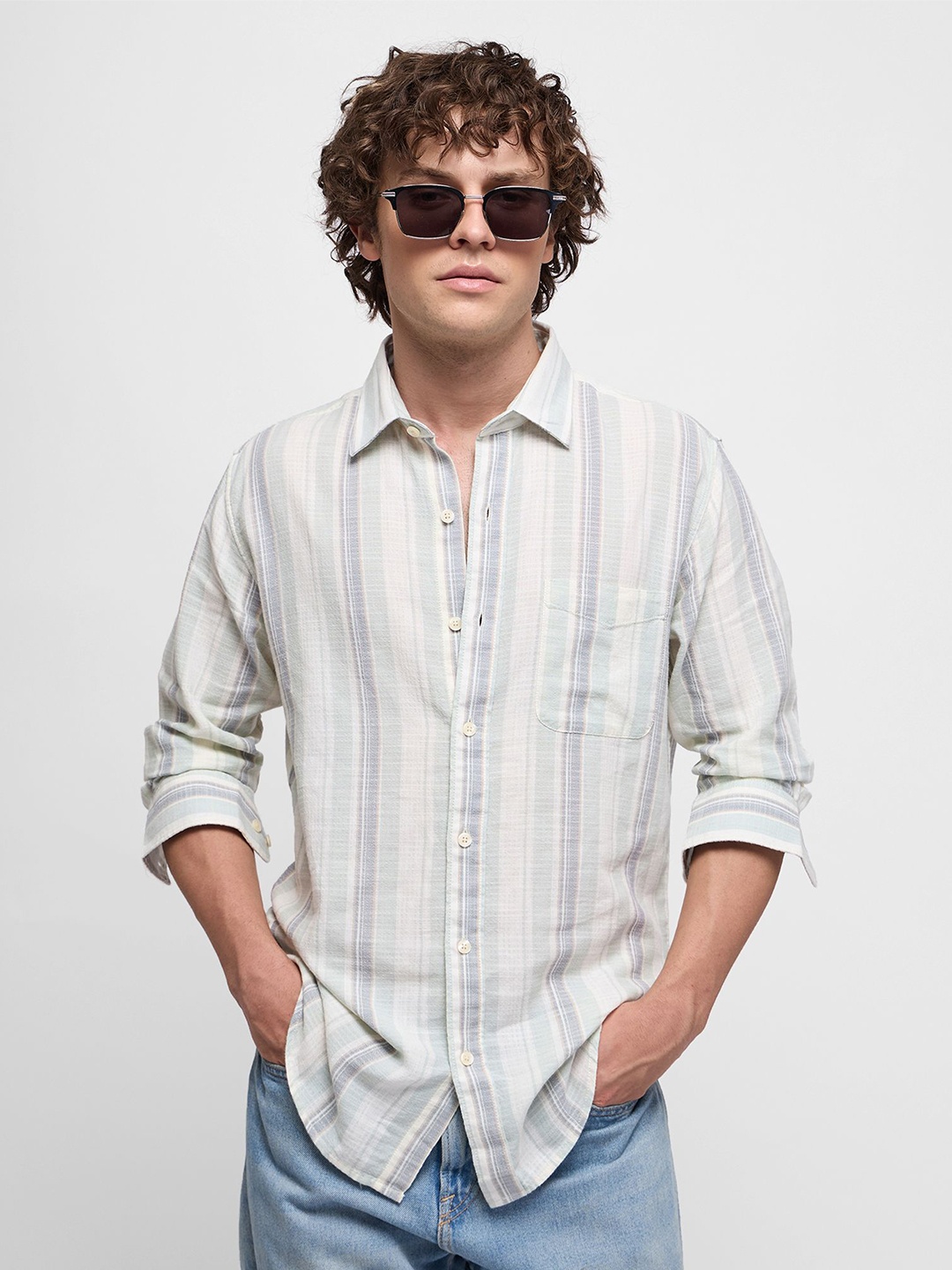 

Red Flame Men Slim Fit Opaque Striped Casual Shirt, Green