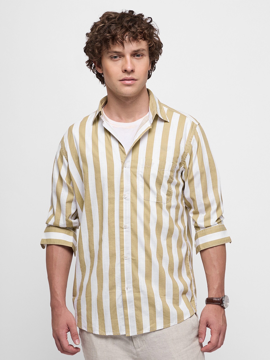 

Red Flame Men Slim Fit Opaque Vertical Striped Casual Shirt, Khaki