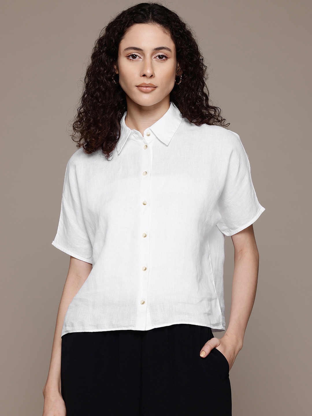 

MANGO Women Linen Casual Shirt, White