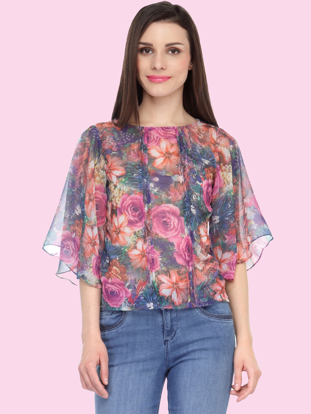

BAESD Floral Printed Kimono Sleeve Georgette Regular Top, Pink