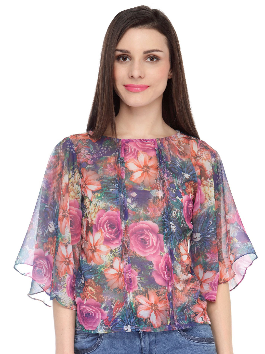 

Cation Floral Printed Boat Neck Flared Sleeve Top, Pink