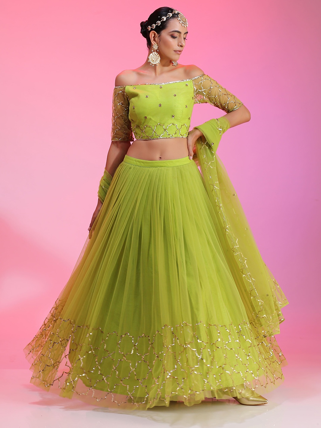 

KUDI PATAKA Embellished Beads and Stones Ready to Wear Lehenga & Blouse With Dupatta, Lime green